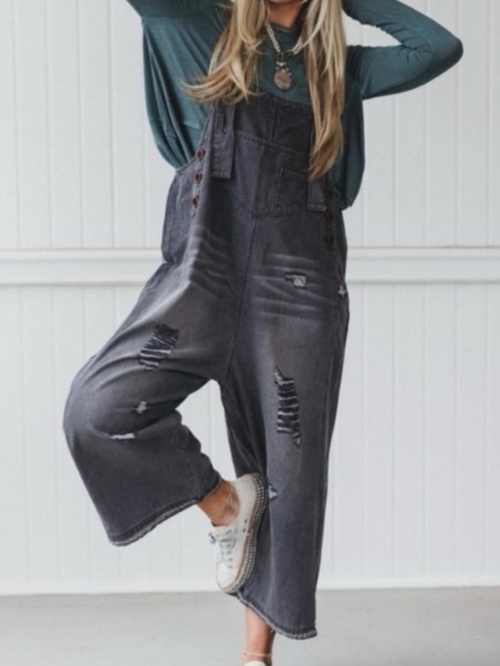 Three Bird Nest Charcoal Distressed Wide-Leg Denim Overalls